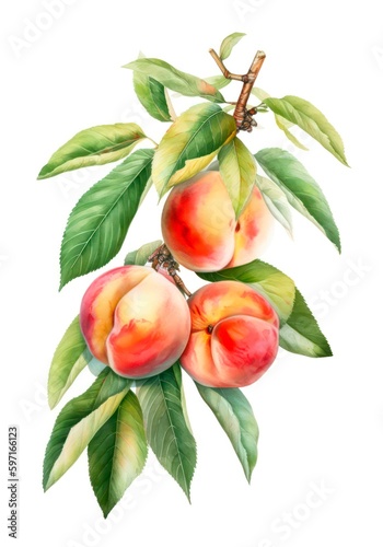 Branch of ripe peaches isolated on white background, watercolor illustration. Generative AI.