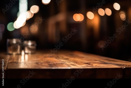 Empty wooden table surface closeup, blur cafe bar restaurant interior background, bokeh lights. Generative AI