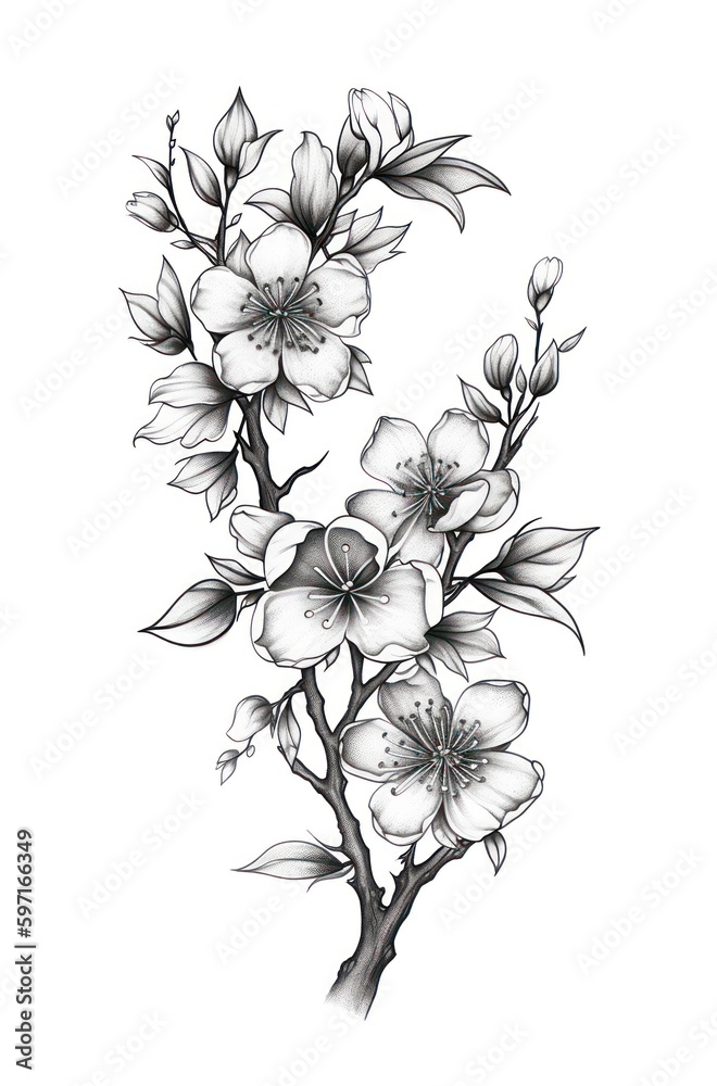 Hand drawn sketch of a branch with flowers. Generative AI. Hand drawn sketch of a branch with flowers. Generative AI.