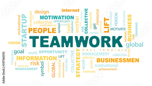 Teamwork concept poster design for office or workspace. Banner with text inscription, Team, work. Inspirational and motivational quotes. Business concept. Vector flat color illustration, yellow, green photo