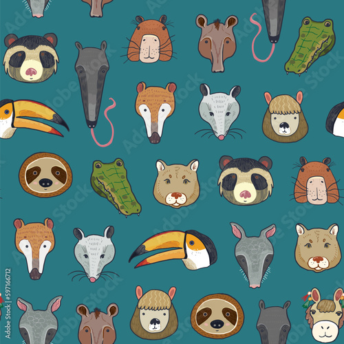 Animals of South America funny faces vector seamless pattern.