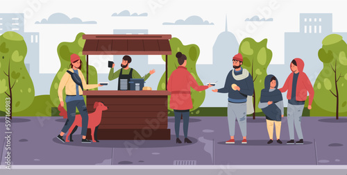 Charity for homeless. Cartoon humanitarian help and support for poor people, social charity and volunteer community concept