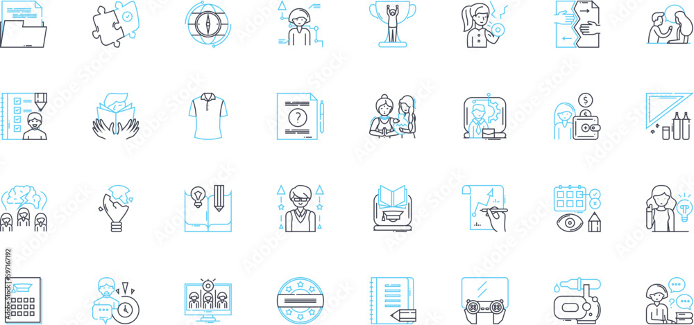 Virtual college linear icons set. E-learning, Online courses, Distance education, Webinar, Digital classroom, Cyber campus, Video lectures line vector and concept signs. Virtual lectures,Remote