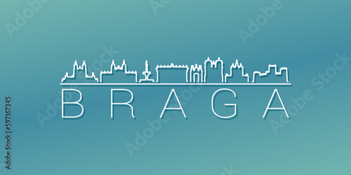 Braga, Portugal Skyline Linear Design. Flat City Illustration Minimal Clip Art. Background Gradient Travel Vector Icon.