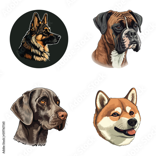 Εκτύπωση καμβά Dog Stickers Flat Icon Set Isolated On White Background