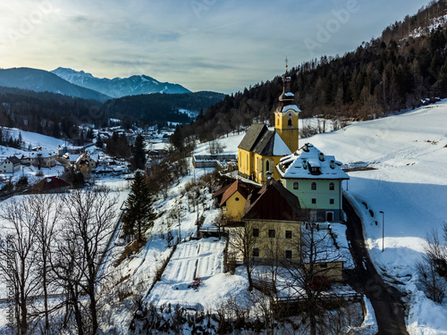 Ancient historic church in the village of Fusine. Tarvisio