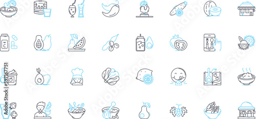 Restaurant linear icons set. Bistro, Cafe, Pizzeria, Taqueria, Steakhouse, Sushi, Seafood line vector and concept signs. Grill,BBQ,Tapas outline illustrations