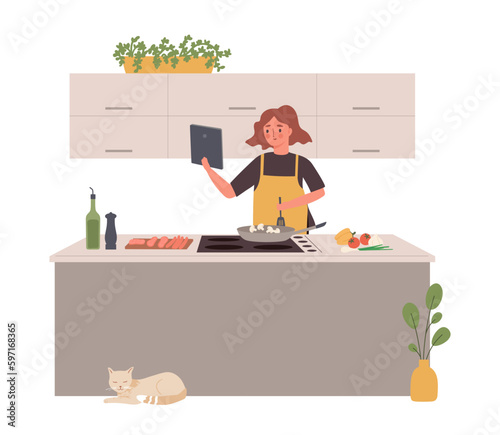 Cooking blogger. Cartoon person prepare food and streaming, trendy culinary vlogger making content and teaching
