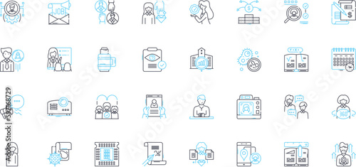 Talent Scouting linear icons set. Identification, Assessment, Evaluation, Recognition, Search, Discovery, Recruiting line vector and concept signs. Screening,Selection,Analysis outline illustrations