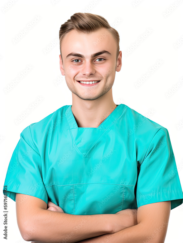 White male nurse medium shot white background, generative ai White male nurse medium shot white background, generative ai