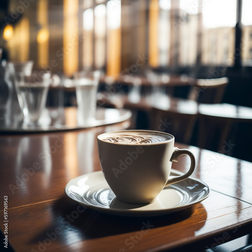 A cup with aromatic cappuccino coffee on a wooden table in a cafe, selective focus, Generative AI retro drawing, the idea of breakfast in a quiet cafe on vacation, enjoying silence