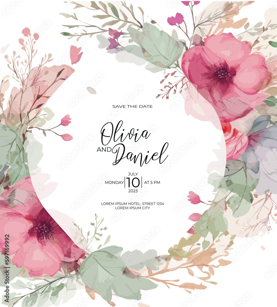 Wedding invitation card template with pink flowers Stock Vector | Adobe ...