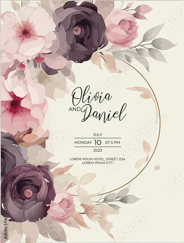 Wedding invitation card template with black and  pink flowers with greenery leaves