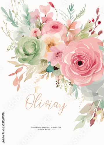 Wedding invitation card template with pink flowers