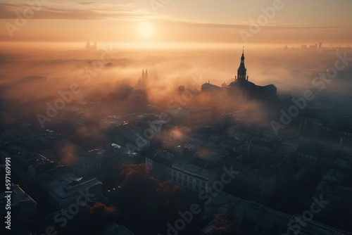 City covered in mist during sunrise. Generative AI