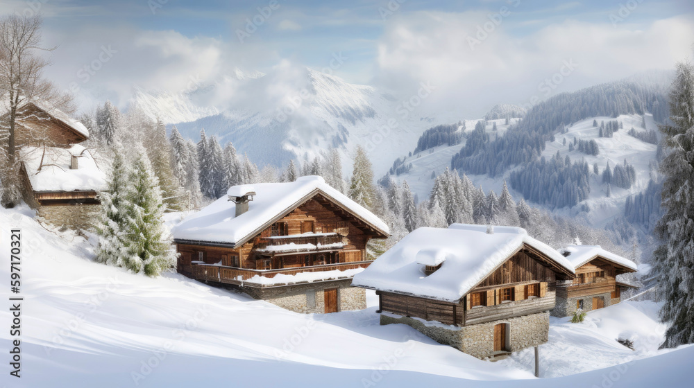 Snow-covered landscape with chalet houses. Generative AI