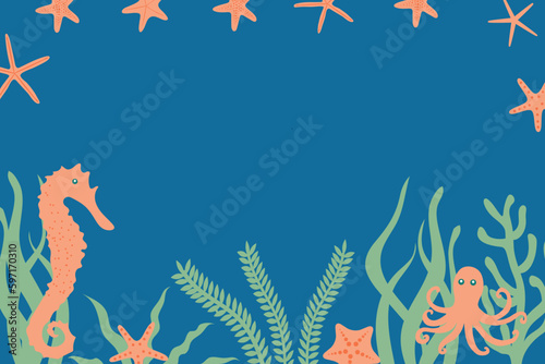 Seabed, underwater background. Landscape with marine flora and fauna. The underwater world of the ocean. Inhabitants of the ocean nature. Silhouette of the ocean floor. 