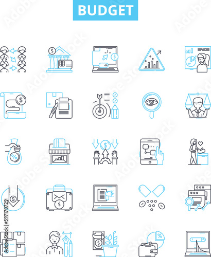 Budget vector line icons set. Budget, Finances, Costs, Spendings, Allotment, Outlay, Allowance illustration outline concept symbols and signs