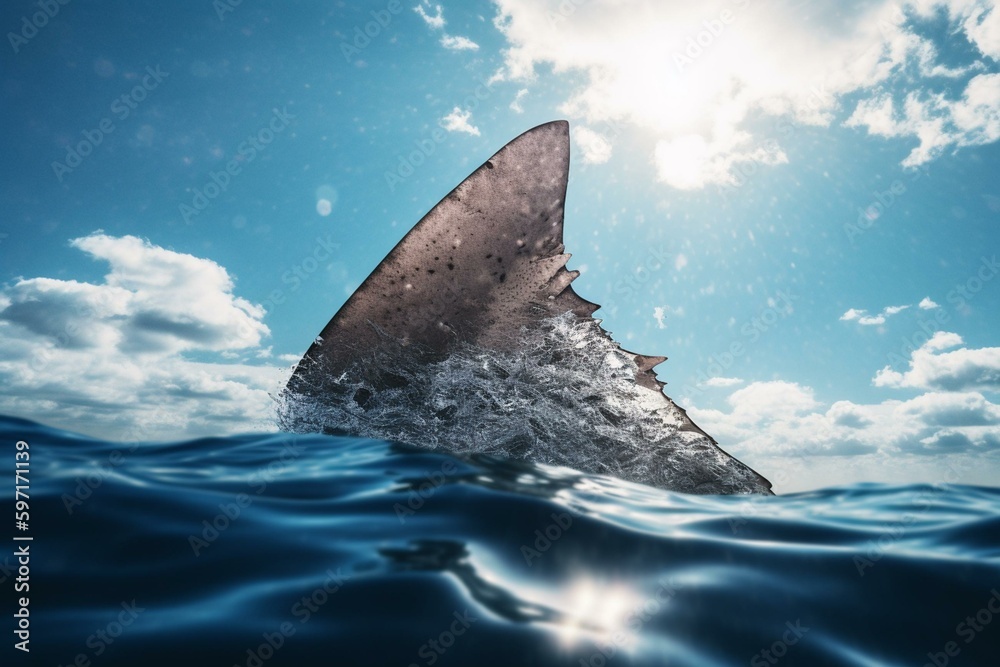 Fototapeta premium A shark fin breaks the surface of the ocean under a blue cloudy sky. Generative AI