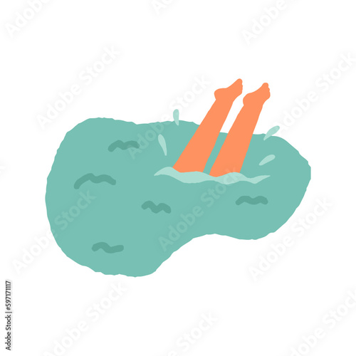 The person swimming, diving in the sea. The legs of a diver stick out of the lake or ocean. A Scuba diver makes splashes