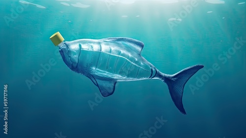 Fish plastic bottle shape floating underwater, marine plastic pollution concept, fish plastic pollution in ocean, environmental pollution by human, microplastics in marine ecosystem, generative AI