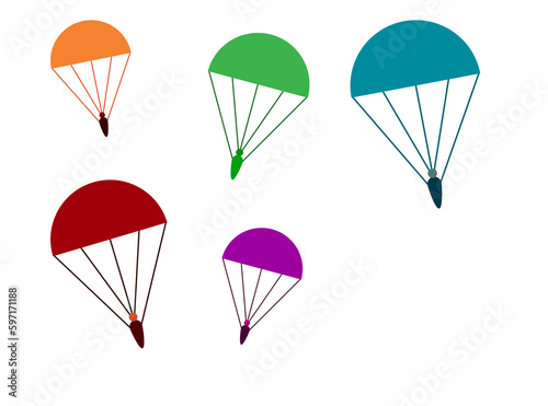 Parachutists and colorful parachutes falling down