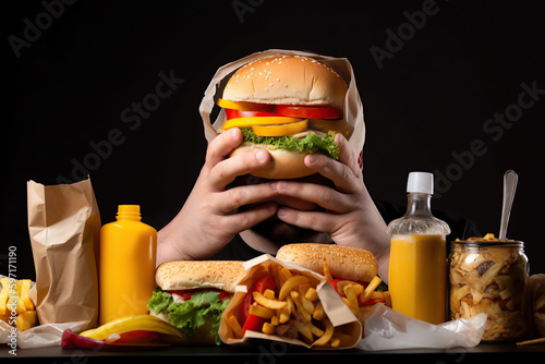 Fat man eating unhealthy food, generative ai. photo