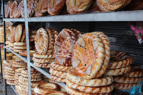 Local bread on the osh bazaar, local market in osh kyrgyzstan photo