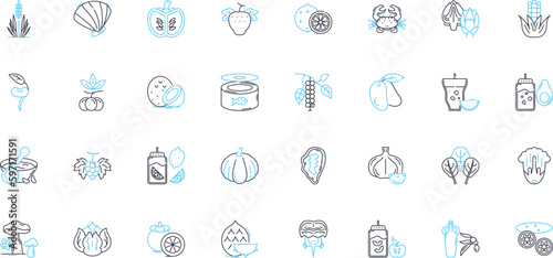 Organic cuisine linear icons set. Natural, Fresh, Healthy, Sustainable, Local, Whole, Clean line vector and concept signs. Farm-to-table,Nourishing,Nutritious outline illustrations