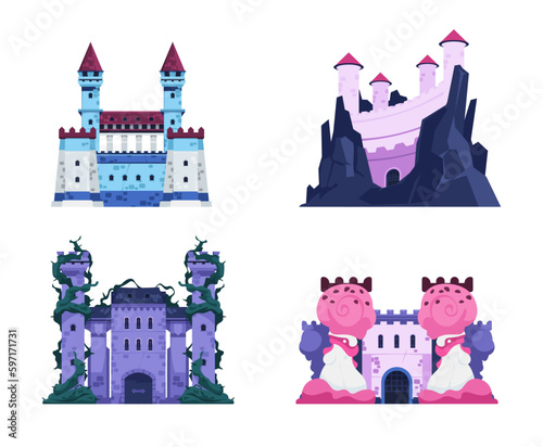 Fairytale castles. Cartoon medieval historic fortress with towers, stone walls and wooden gate, old kingdom palace