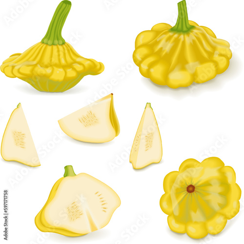 Set with whole, half, quarter, slices of Yellow Patty Pan squash or Scallop or Scallopini squash. Summer squash. Cucurbita pepo. Fruits and vegetables. Vector illustration isolated on white background