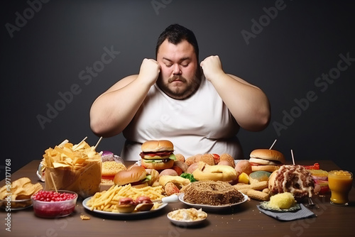Fat man eating unhealthy food  generative ai.