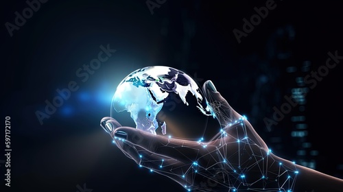 Artificial intelligence robotic hand holds the world and all humanity in hand  abstract technology background  concept