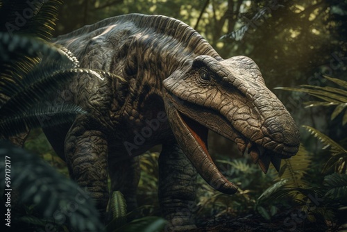 A computer-generated image of a mamenchisaurus dinosaur that's walking and eating vegetation. Generative AI © Yvaine