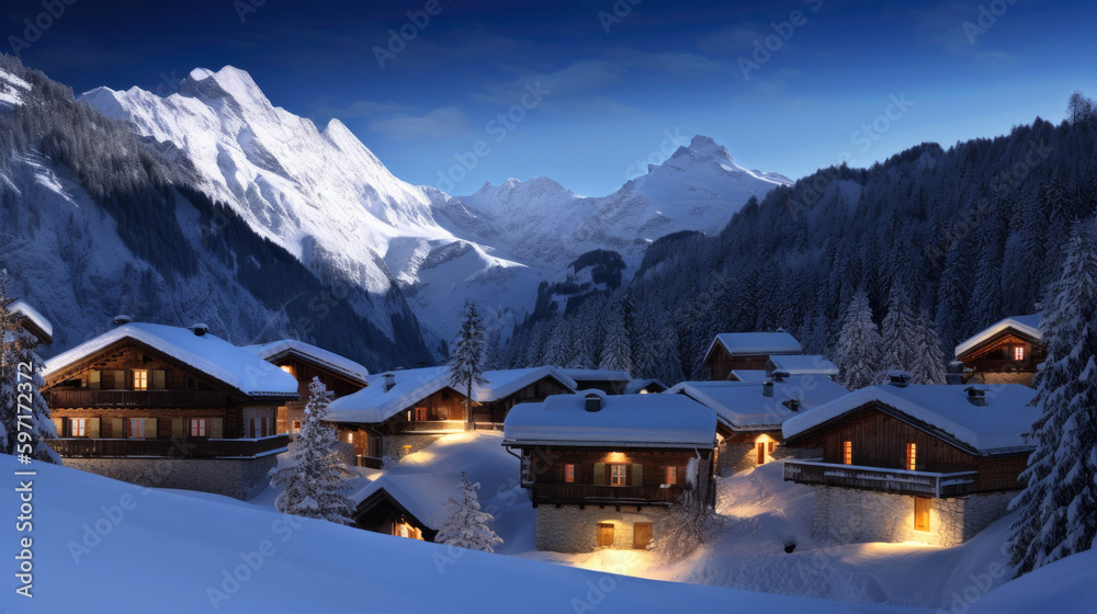 Snow-covered landscape with chalet houses. Generative AI Snow-covered landscape with chalet houses. Generative AI