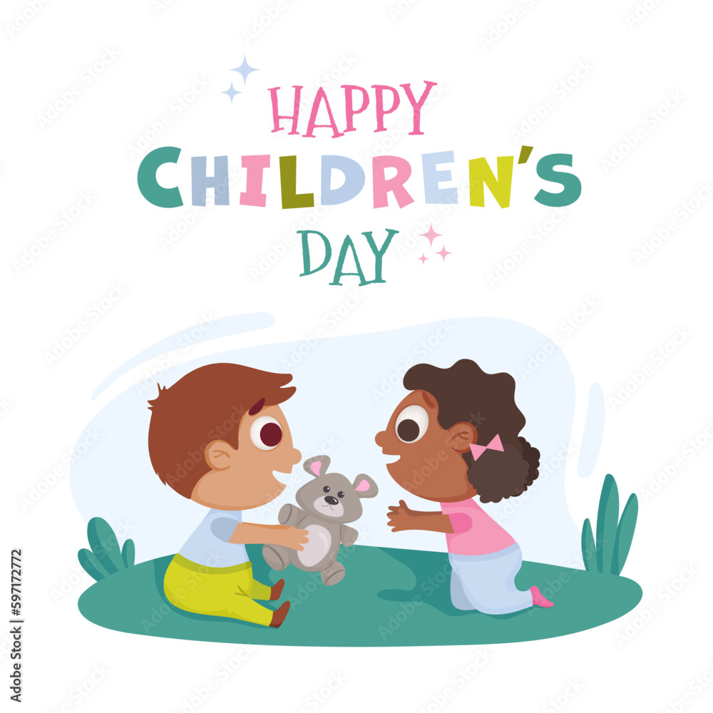 Happy International Children’s day greeting card, poster. A boy gives a gray teddy bear to a girl. Couple of children are sitting on a green lawn. Two happy kids. Holiday phrase with sparks or stars. Happy International Children’s day greeting card, poster. A boy gives a gray teddy bear to a girl. Couple of children are sitting on a green lawn. Two happy kids. Holiday phrase with sparks or stars.