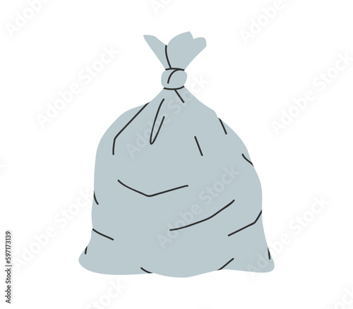 Hand drawn cute cartoon illustration of big garbage bag. Flat vector grocery plastic package with trash, environmental pollution design in colored doodle style. Ecology sticker, icon. Isolated.
