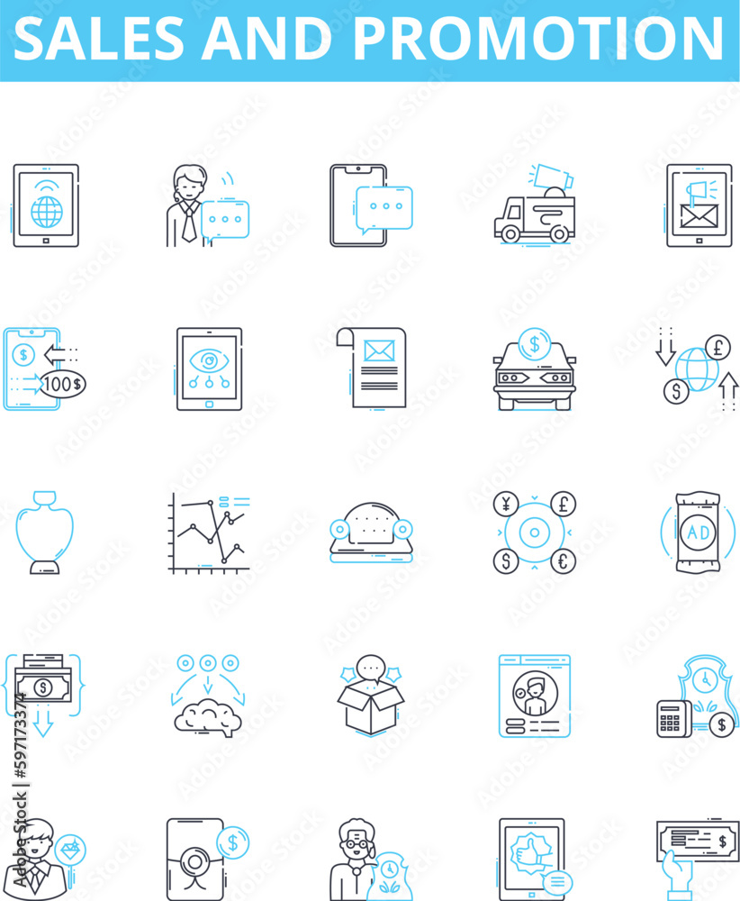 Sales and promotion vector line icons set. Sales, Promotion, Advertising, Marketing, Prospecting, Lead-Generation, Networking illustration outline concept symbols and signs