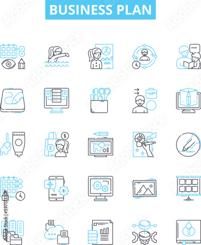 Business plan vector line icons set. Business, Plan, Strategy, Financing, Proposal, Start-up, Objectives illustration outline concept symbols and signs