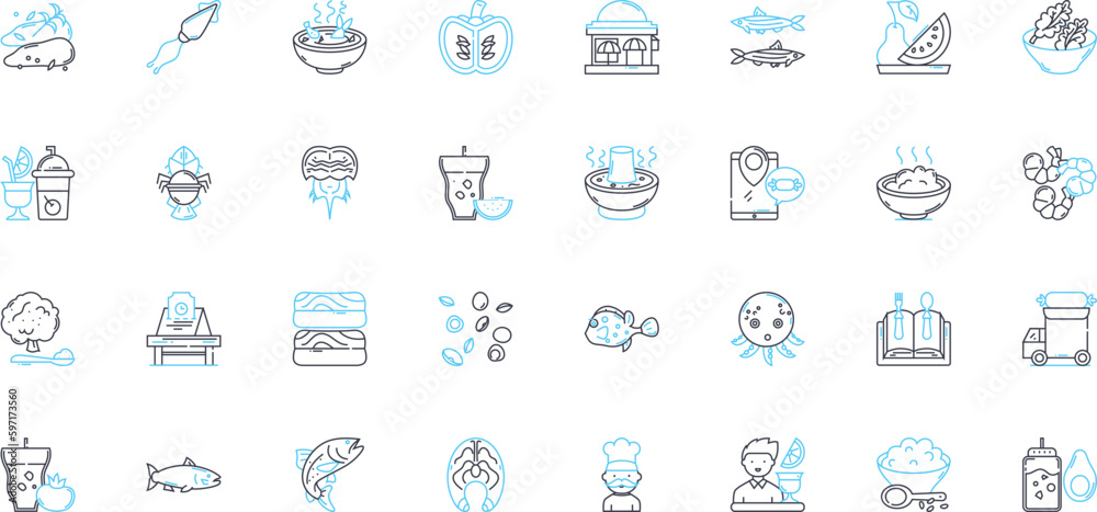 Fish house linear icons set. Aquarium, Angler, Bait, Catch, Dock, Dive, Fillet line vector and concept signs. Flounder,Fry,Hook outline illustrations Fish house linear icons set. Aquarium, Angler, Bait, Catch, Dock, Dive, Fillet line vector and concept signs. Flounder,Fry,Hook outline illustrations