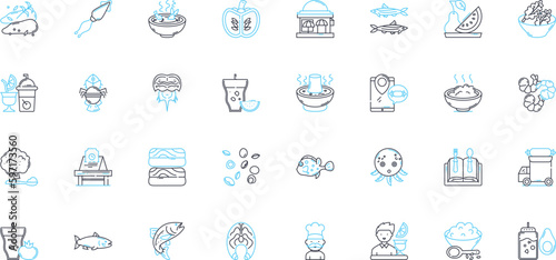 Fish house linear icons set. Aquarium, Angler, Bait, Catch, Dock, Dive, Fillet line vector and concept signs. Flounder,Fry,Hook outline illustrations