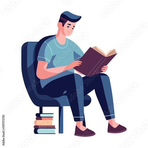 One student studying in library with textbook