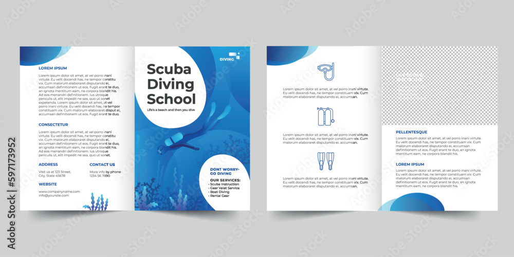 Scuba Diving School bifold brochure template. A clean, modern, and high-quality design bifold brochure vector design. Editable and customize template brochure