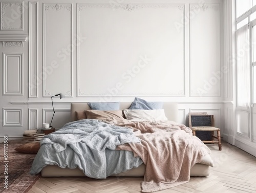 Interior wall, bedroom mockup. Blue and beige. Indigo. Generative AI