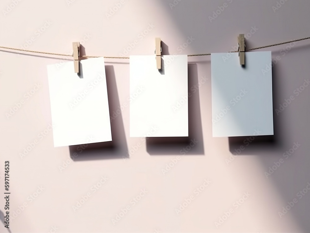 Note hanging mockup. Blank sheets. Blue / pink pastel background. Generative AI. Note hanging mockup. Blank sheets. Blue / pink pastel background. Generative AI.