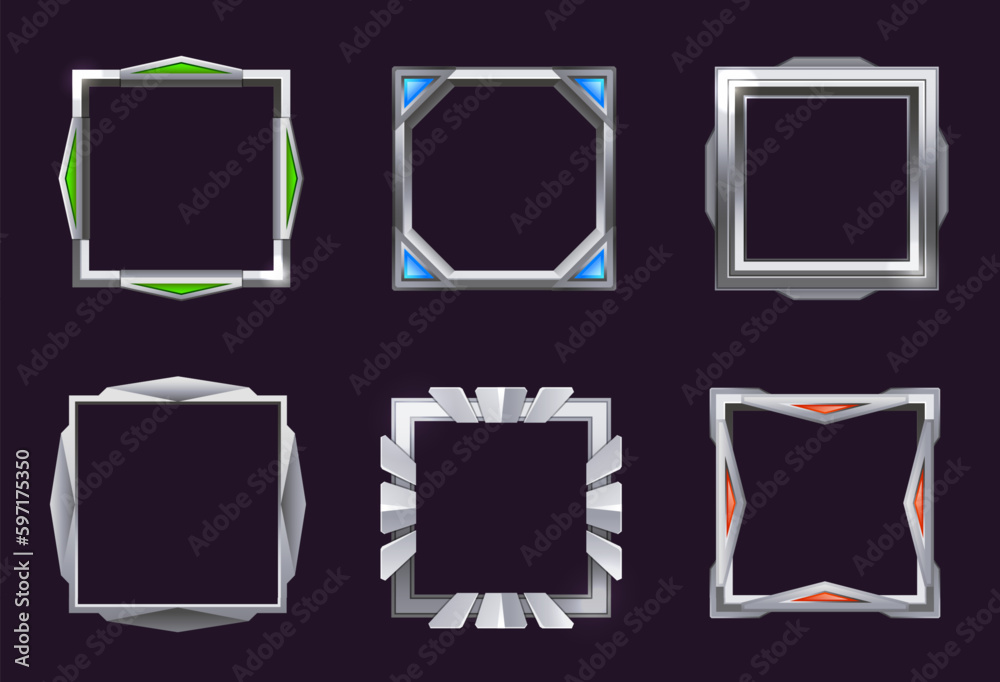 Game ui square frame. Silver frames with colorful gemstones Game ui square frame. Silver frames with colorful gemstones