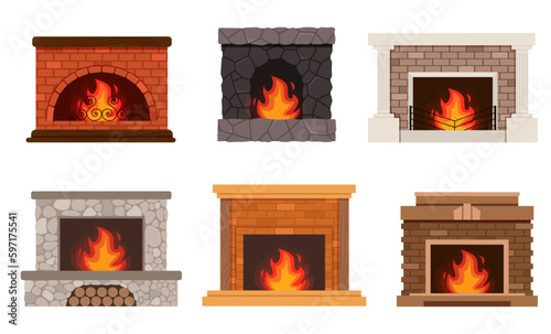 Fireplace color flat icons set. Fireplaces and hearths design elements set. Collection of various fireplaces. Home fireplace collection
