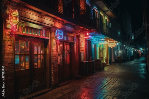 Neon-lit pubs and bars in New Orleans' French Quarter. Generative AI