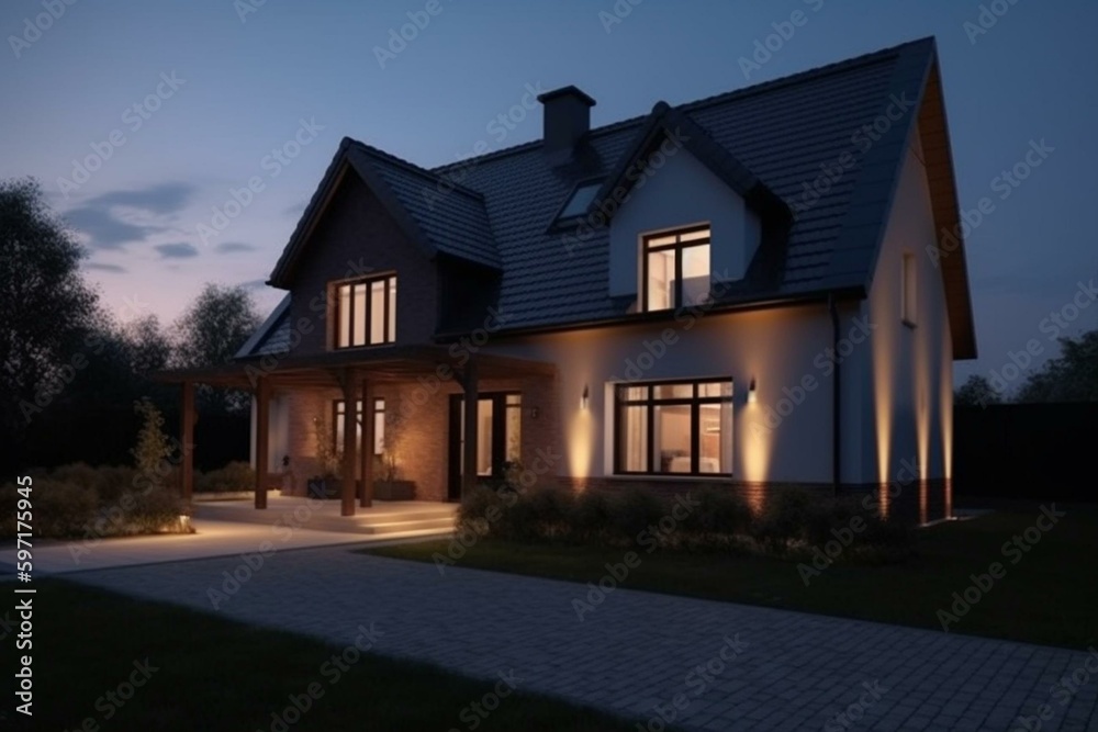 Newly built single-family house with evening illumination in the house. Generative AI