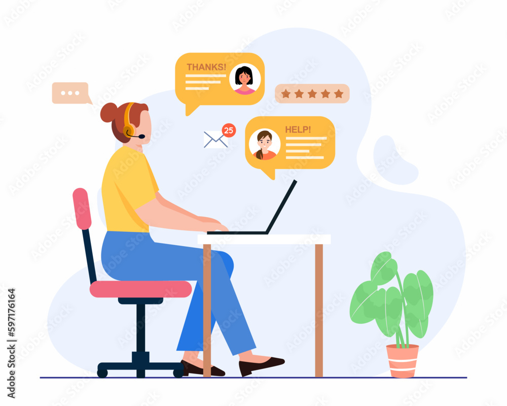 Call center agent in headphones with microphone at computer desk, talking to customers concept of  customer support help service.